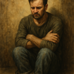 a sorrowful man chained in a dim corner reflecting on past self-destructive behaviors in a dark room