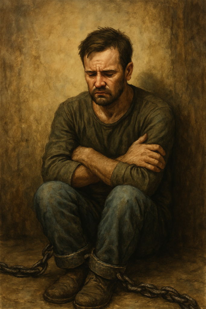a sorrowful man chained in a dim corner reflecting on past self-destructive behaviors in a dark room
