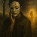 a poetic painting of a masked man in sorrow as a glowing woman walks into the light of rebirth