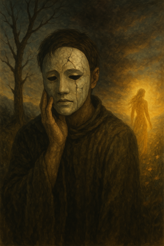 a poetic painting of a masked man in sorrow as a glowing woman walks into the light of rebirth