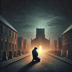A sorrowful night scene of a parent cradling a child on a dimly lit, empty street. In the distance, there is a church, its doors closed, with a faint .
