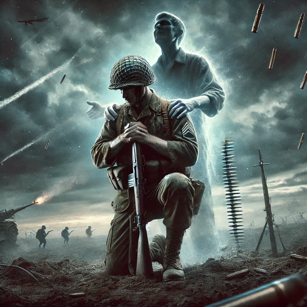A kneeling soldier on a battlefield holding his rifle, with a glowing spirit figure gently placing hands on his shoulders. Bullets fly through the air, and soldiers charge in the background under a dark, war-torn sky