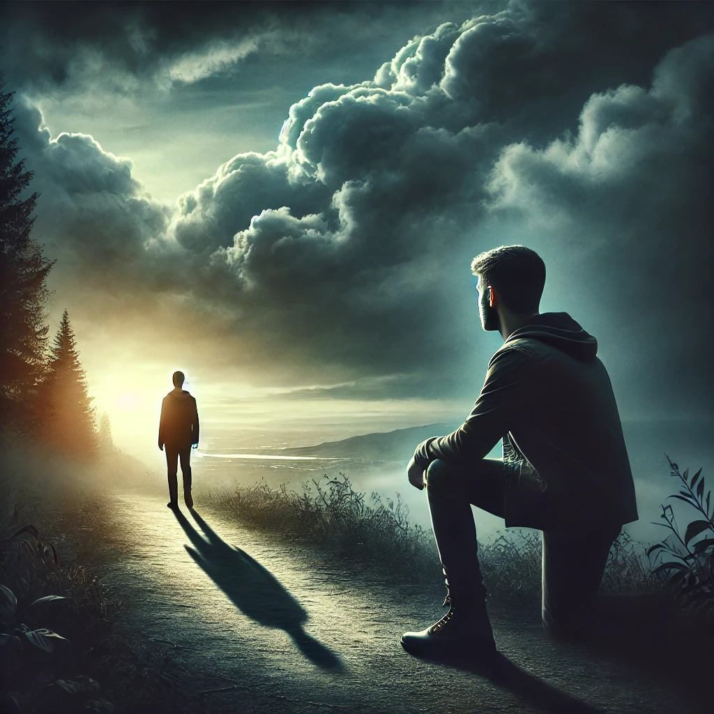 Young man standing on a reflective path, contemplating life under dark clouds, with light breaking through, symbolizing hope amidst struggles.
