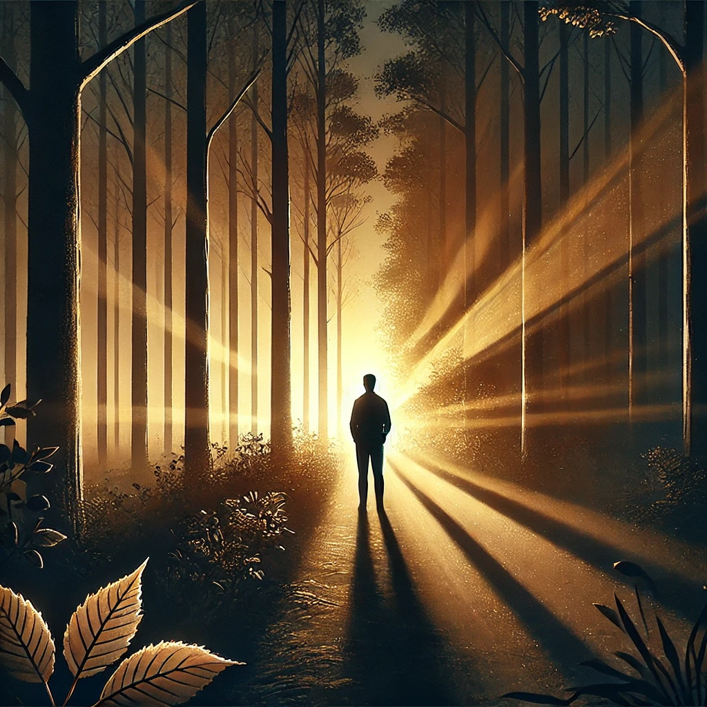 DALL·E 2024-10-28 18.31.00 – A symbolic image showing a young man standing alone at the edge of a forest at dusk, with beams of light breaking through the dense trees. The scene c