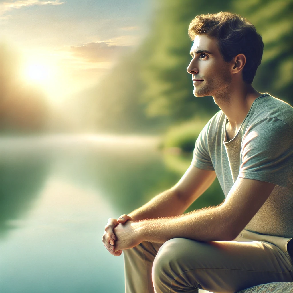 Young adult sitting calmly by a lake, reflecting on life and building resilience in tough times