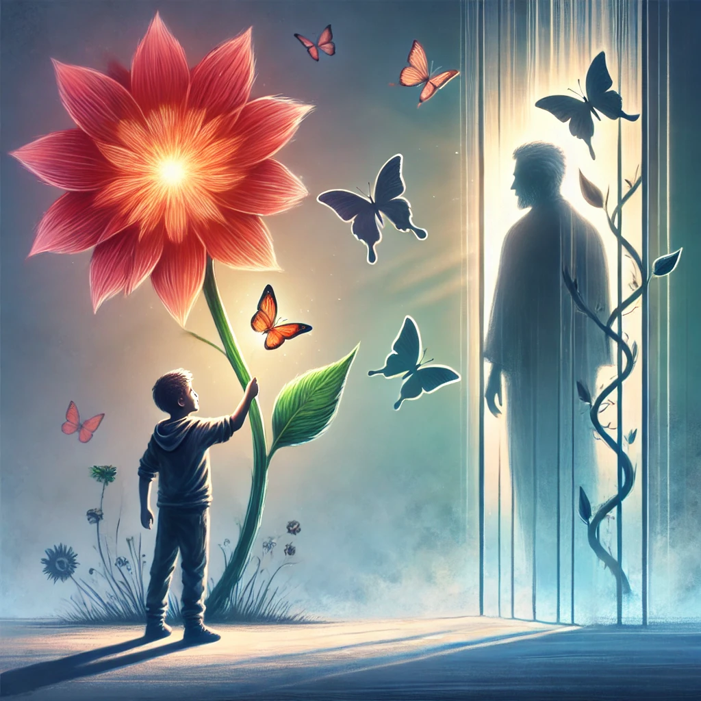 A symbolic depiction of a father-son relationship with a vibrant flower, butterflies, and a reflective mirror illustrating trust, resilience, and unconditional love