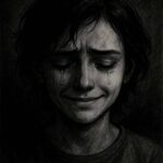 A black and white portrait of a sad person smiling through tears, expressing deep emotional pain and hidden struggles