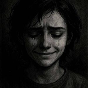 A black and white portrait of a sad person smiling through tears, expressing deep emotional pain and hidden struggles