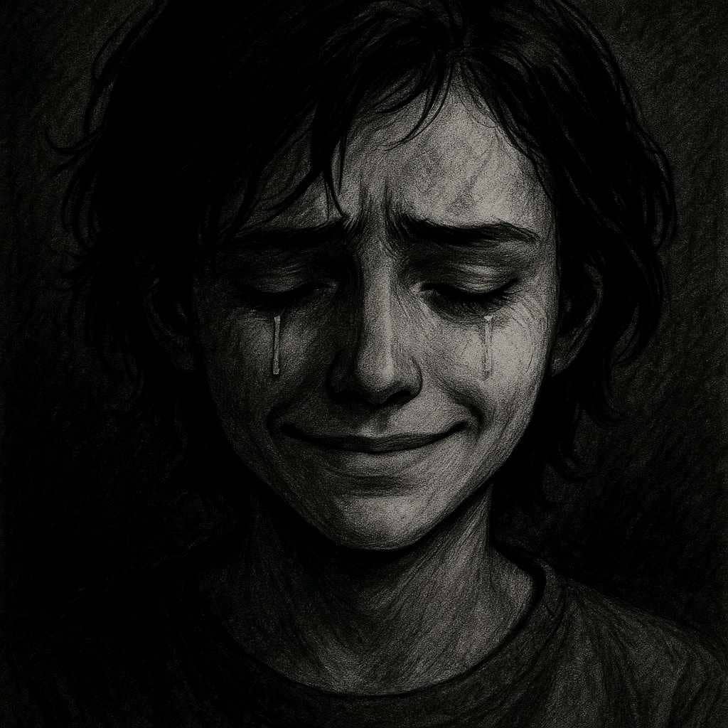 A black and white portrait of a sad person smiling through tears, expressing deep emotional pain and hidden struggles