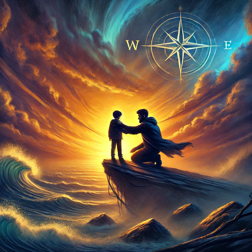 DALL·E 2024-10-19 02.25.36 – A symbolic image of a father and son standing on the edge of a cliff at sunset, with the father lifting the son’s chin to face a glowing horizon. The