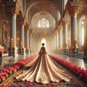 A regal queen walking in a grand palace adorned with rose petals on the floor, bathed in warm sunlight, symbolizing love and admiration
