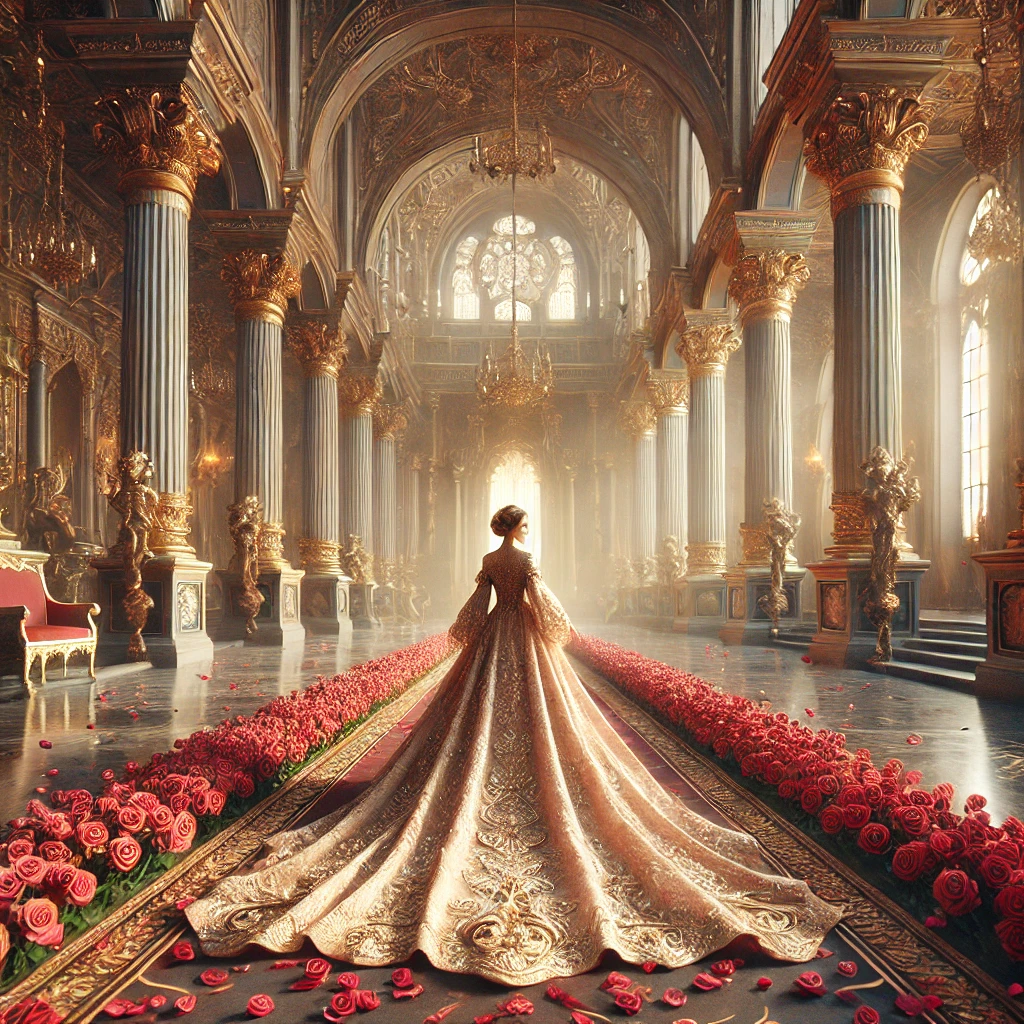 A regal queen walking in a grand palace adorned with rose petals on the floor, bathed in warm sunlight, symbolizing love and admiration