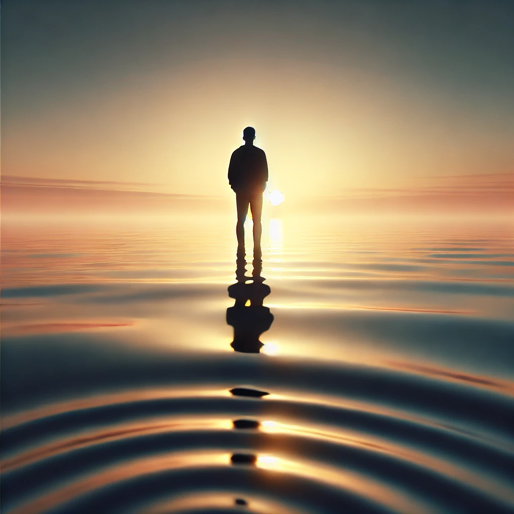 Person standing alone by the calm sea at sunrise, symbolizing inner strength and resilience during challenging times.