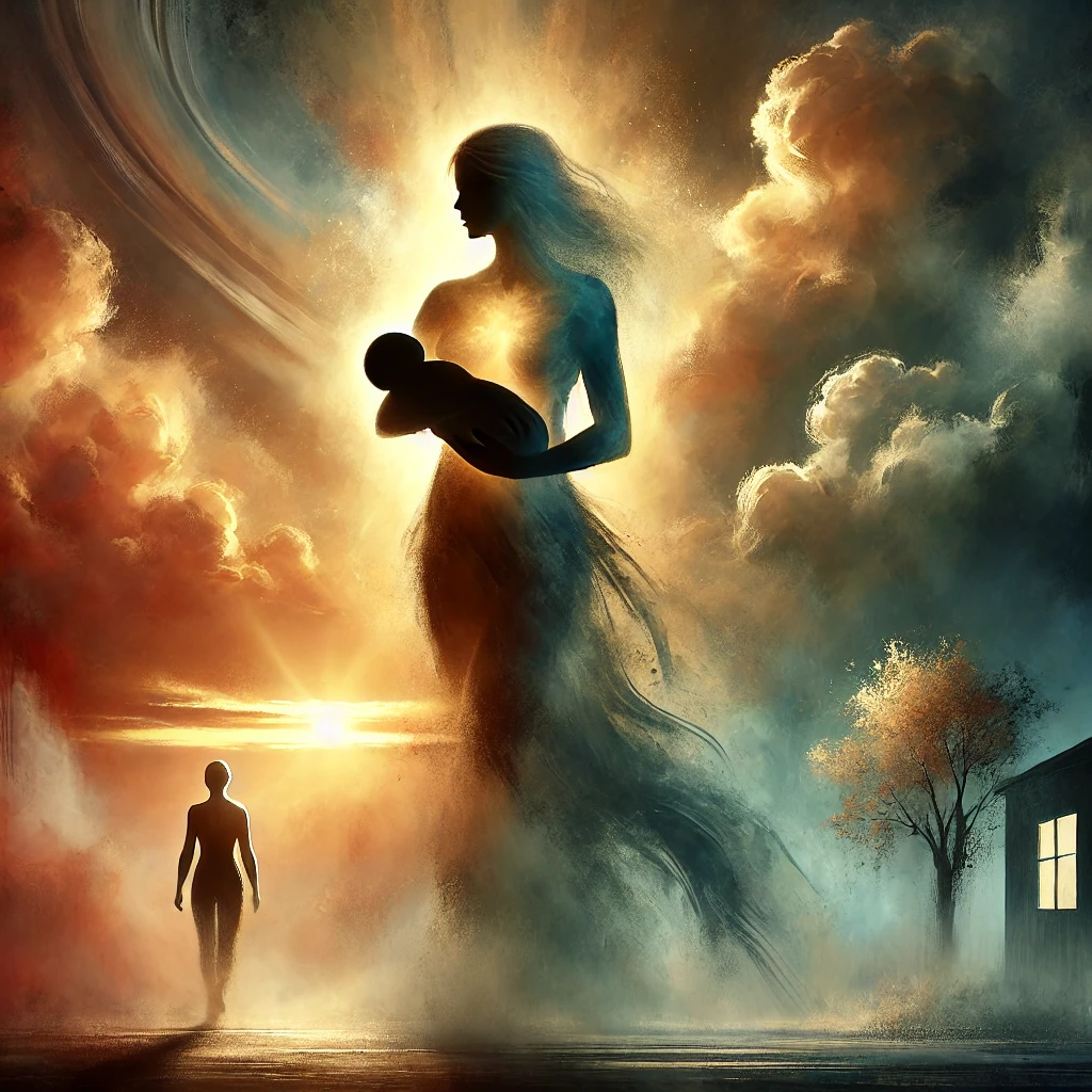 Powerful image of a resilient woman standing strong amidst shadows, symbolizing the strength, courage, and nurturing nature of women.