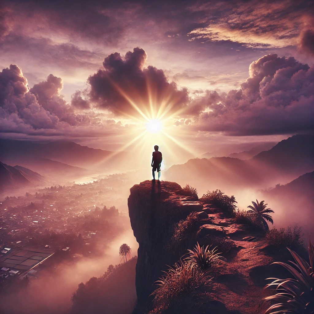 Contemplative person standing on a cliff at sunrise, looking over a vast landscape, symbolizing hope and resilience