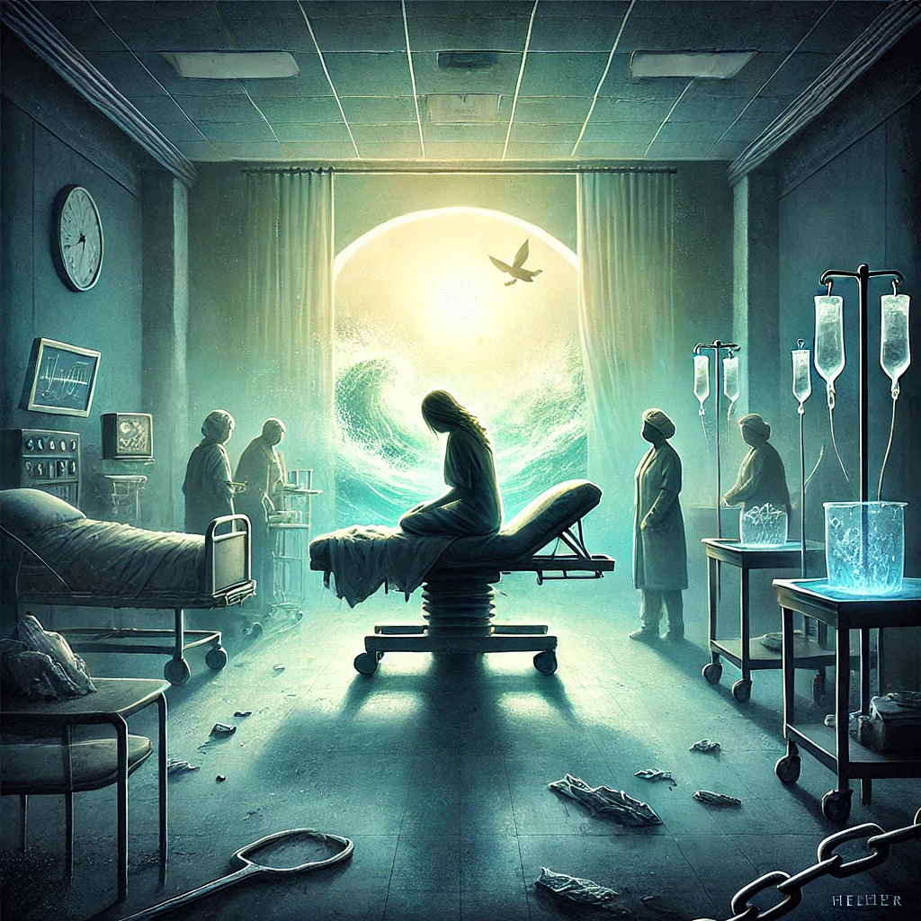 Symbolic labor room metaphor for life's struggles with a solitary figure surrounded by challenges, using hospital colors, representing overcoming frustration and birthing new dreams.