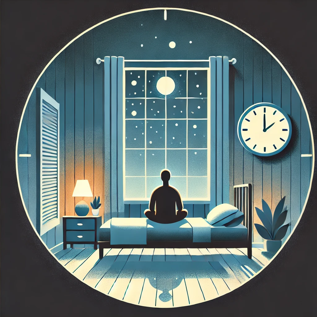 A minimalist illustration of a person relaxing in a dimly lit bedroom at night, with a warm bedside lamp, cozy bed, and an open window showing a calm, starry sky