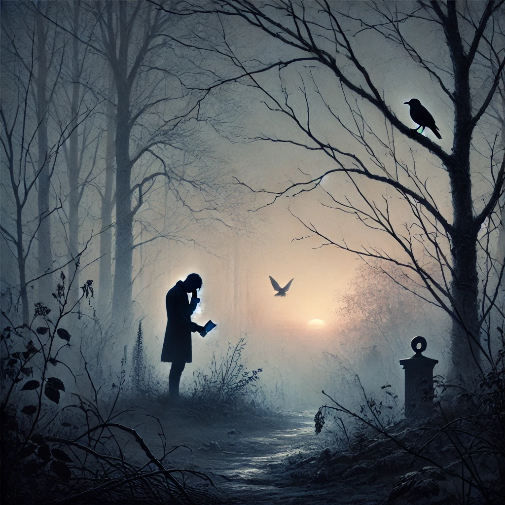 A lonely silhouette in a misty garden at dusk, holding a letter, symbolizing feelings of loss, struggle, and longing for a father's guidance.