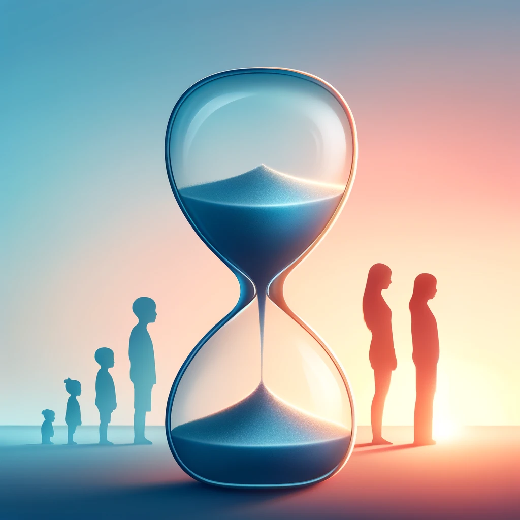 Minimalist illustration of an hourglass with sand running out, symbolizing the passage of time from youth to old age, set against a gradient background transitioning from sunrise to sunset.