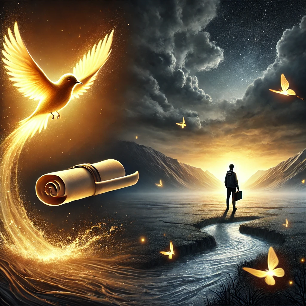 A father sends a glowing bird carrying a scroll, symbolizing a message of hope. A young man stands amidst a storm, guided by fireflies, with a stagnant lake transforming into a flowing river, symbolizing resilience and growth