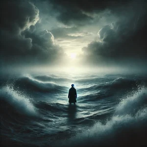 A lone young man stands in a vast, stormy ocean, waves crashing around him. Above, a faint light pierces through heavy clouds, symbolizing hope amid struggle