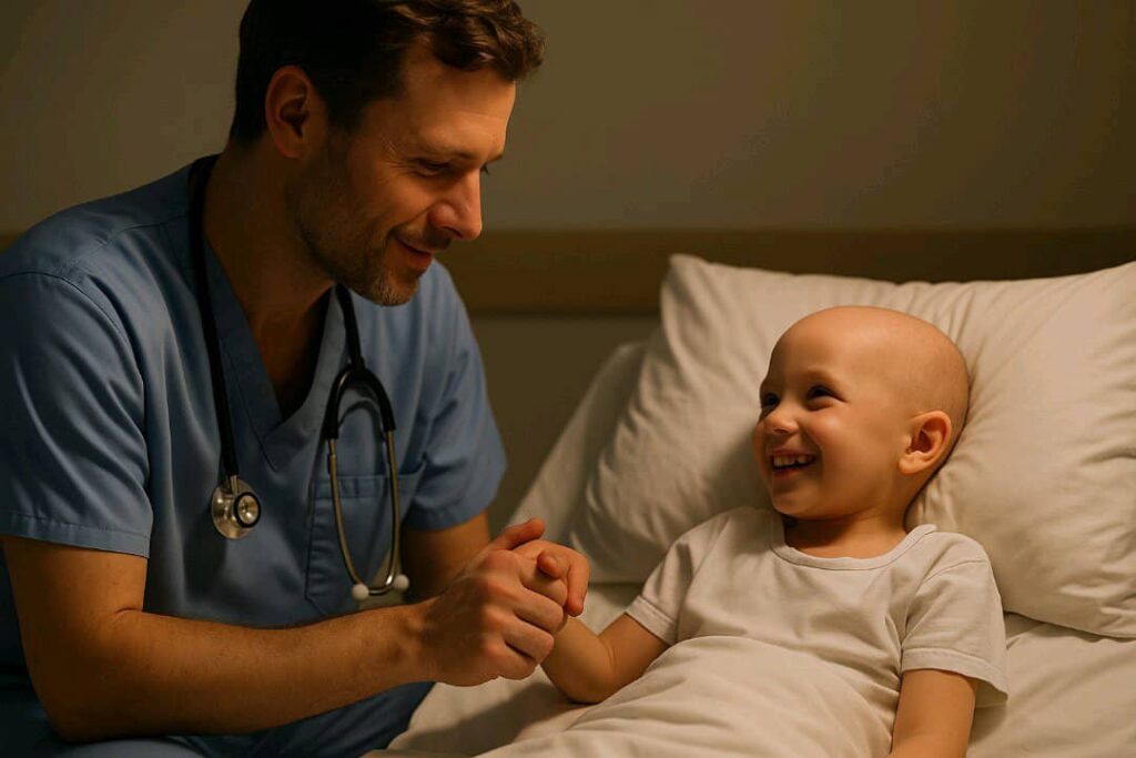 A compassionate doctor holding hands with a smiling child leukemia patient in a hospital bed, symbolizing hope and healing.