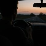 Solitary figure driving along an empty dusk highway, headlights cutting through twilight, symbolising a journey of healing, faith and hidden cracks in the soul.